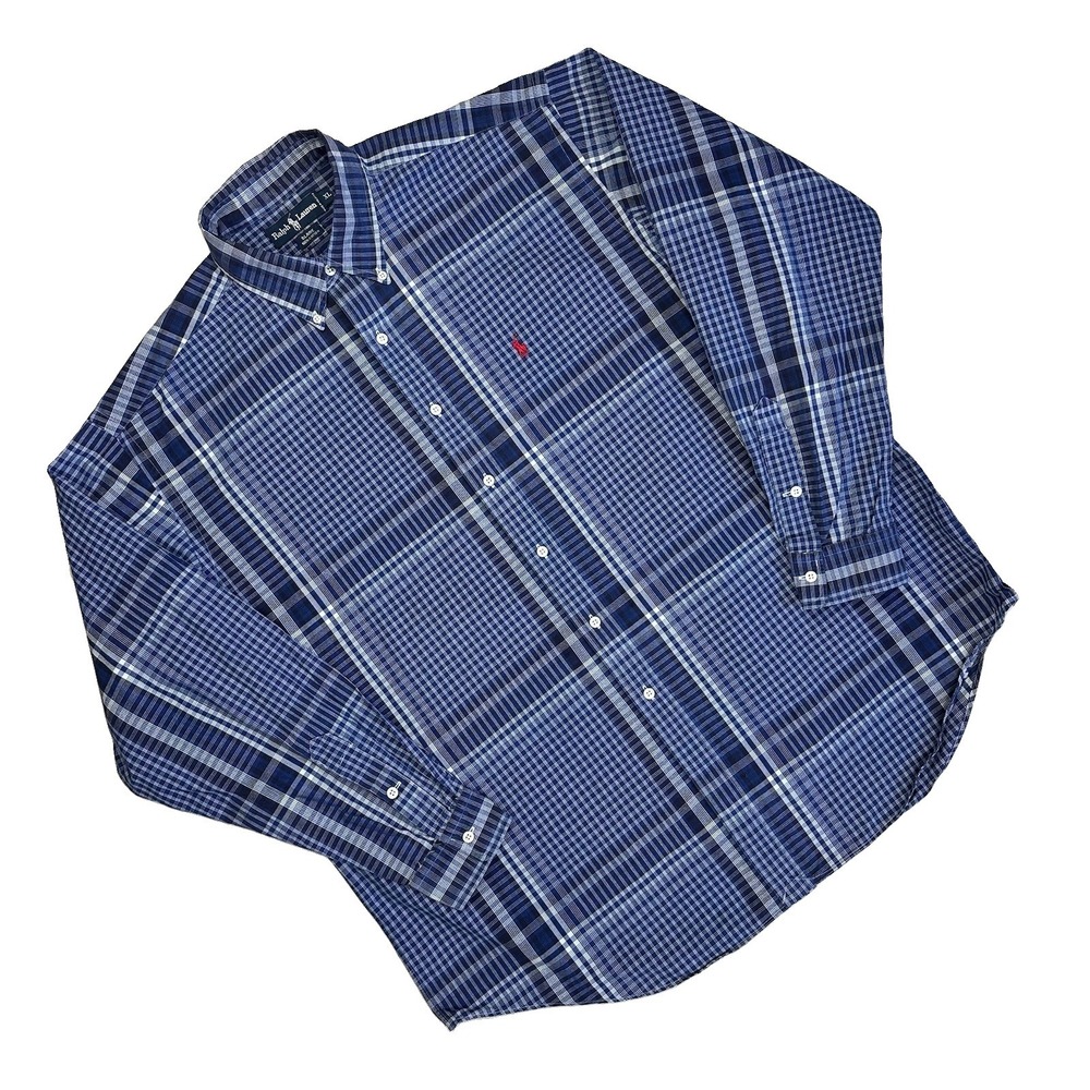 Vtg 90s Ralph Lauren Blake Window Pane Plaid Button Down Shirt Men XL Blue White